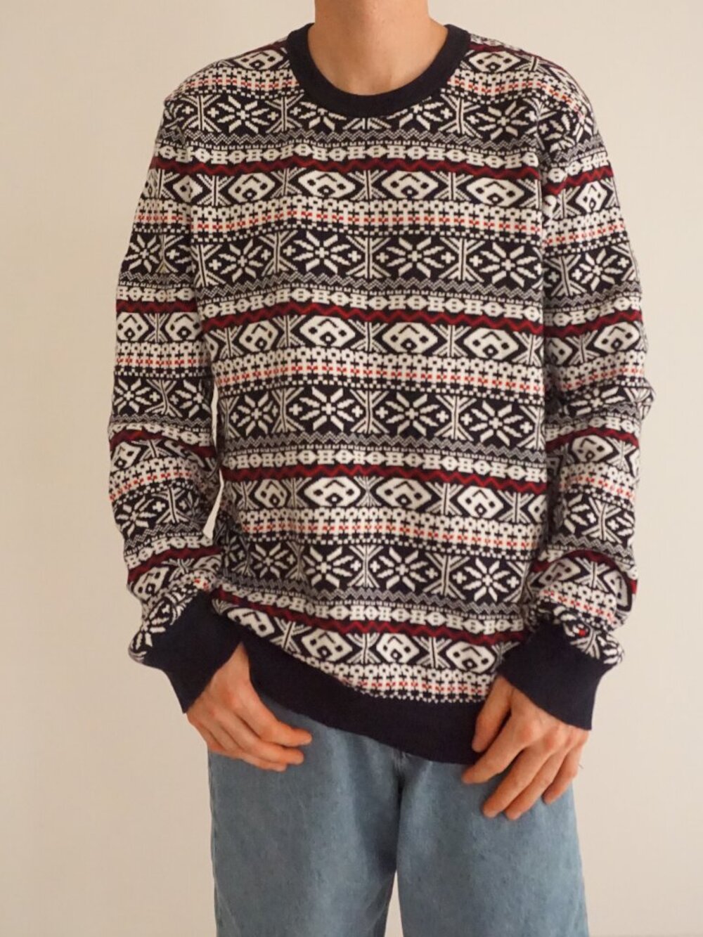 Vintage Tommy Hilfiger Navy White Red Fair Isle Nordic Geometric Knit Sweater XL